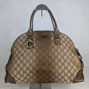 Auth Gucci GG Lurex Heart Bit Canvas Handbag Brown/Bronze Made in Italy